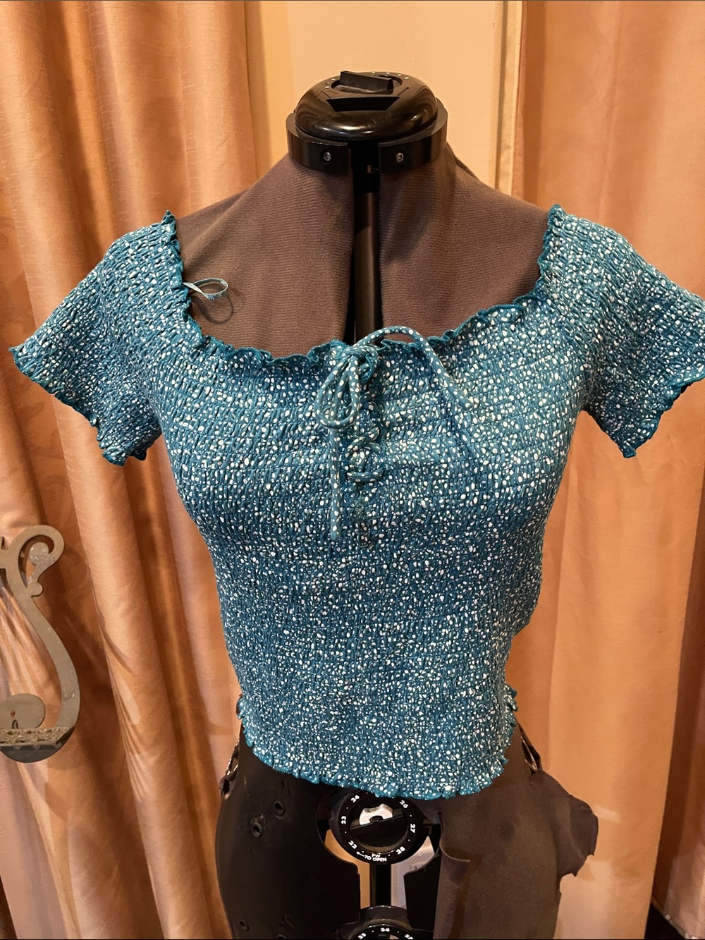 NWT Roxy Teal Speckled Smocked Crop Top with Tie (L)